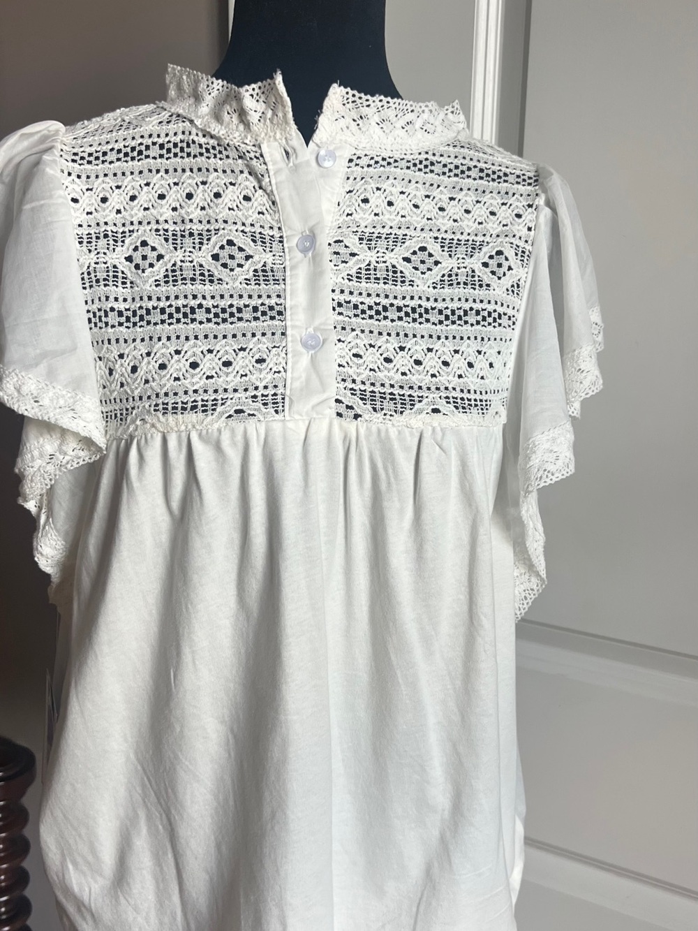 White Lace Yoke Flutter Sleeve Blouse - Feminine Lightweight Top